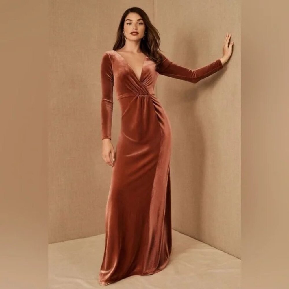 Anthropologie JENNY YOO RYLAND V-NECK LONG-SLEEVE OPEN-BACK STRETCH VELVET GOWN
